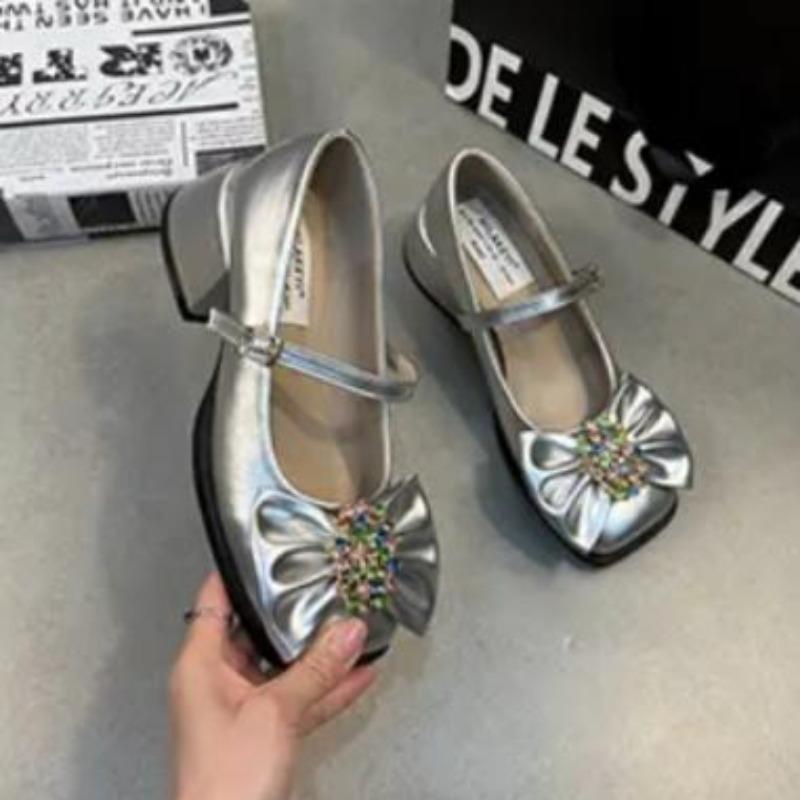 

Fashion Chunky Single Shoes Spring New Square Head Suede Crystal Butterfly Knot Metal One-line Buckle Non-slip Heel Shoes 40 серебряный