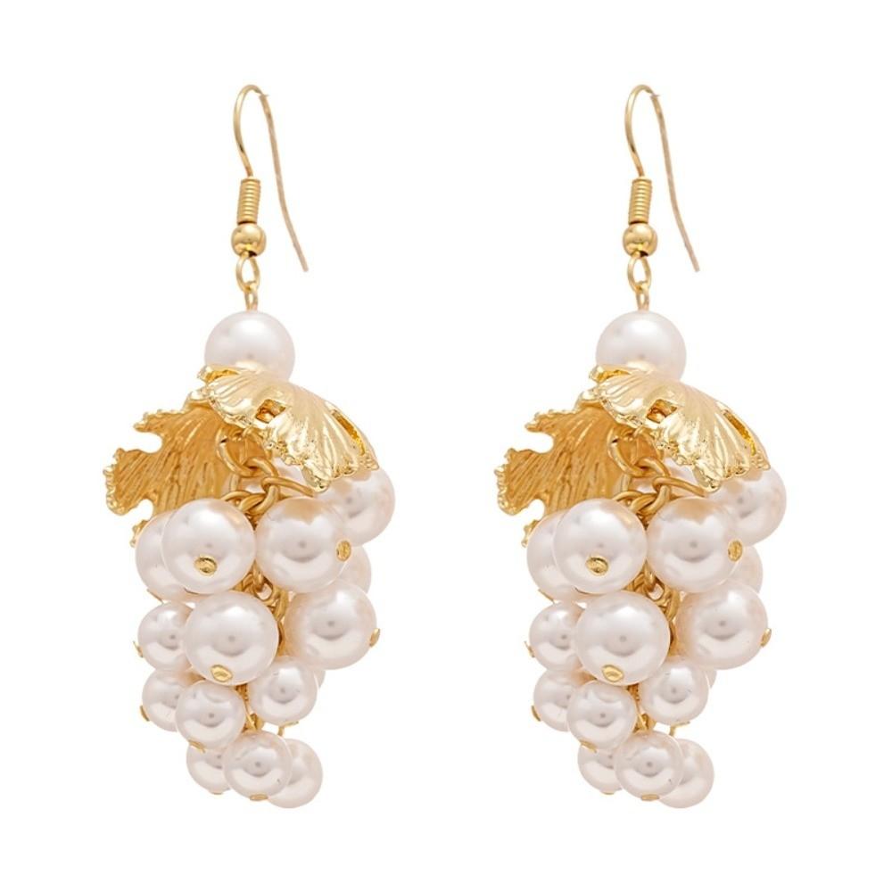 Leaf and Grape Pearl Tassel Ear Hook Faux Pearl Vintage Dangle Earrings Jewelry Gift