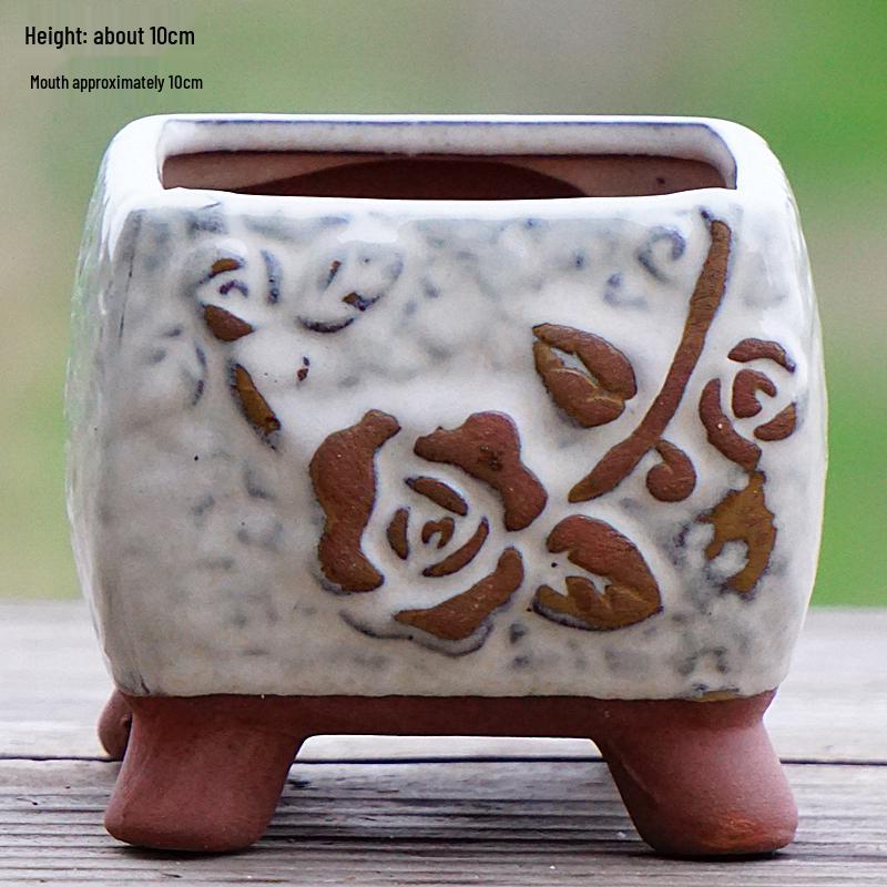 Creative Handmade Coarse Pottery Terracotta Pot - Large Square Glossy Glazed Planter with Low Breathable Rim for Succulents and Pothos