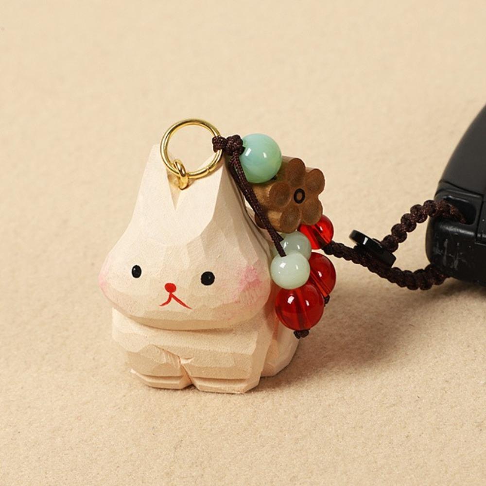 Beads Wooden Carved Rabbit Keychain Weave Rope Car Keyring Wood Rabbit Dolls Pendant Girl/Boy