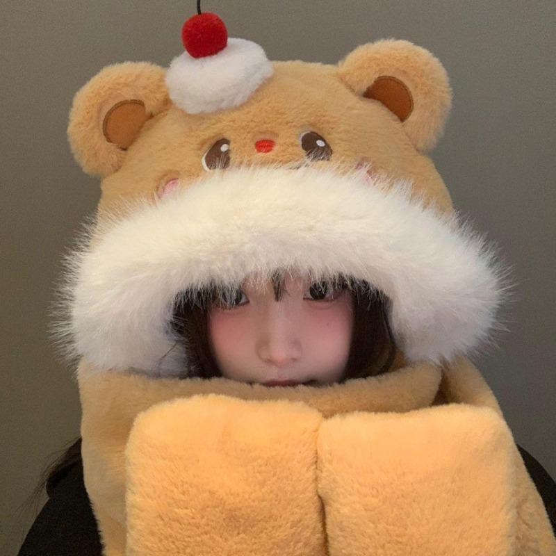 Cake Bear Plush Hat Winter Gloves Scarf Hat Integrated Face Small Cold Warm Ear Protection