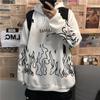Men Student Hoodie Round Neck Long Sleeve Pullover Sweatshirt Creative Graffiti Flame Pullover Harajuku Oversized Loose Hooded Sweat Shirt