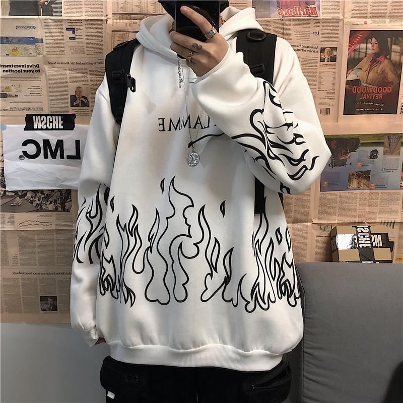 Men Student Hoodie Round Neck Long Sleeve Pullover Sweatshirt Creative Graffiti Flame Pullover Harajuku Oversized Loose Hooded Sweat Shirt