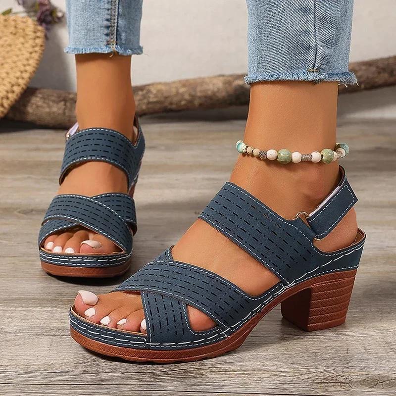 Fashion 2025 Summer New Thick High Heel Sandals Women's Cross Band Fashion Beach Sandels Hook Loop Anti-Slip Platform Sandalias De Mujer
