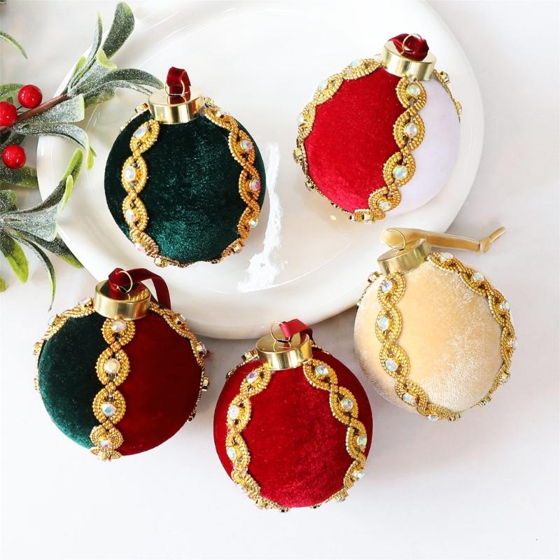 Christmas Tree Ball Hanging Ornament Velvety Bauble Decoration with Beaded Trim for Holiday Tree Wreath Styling