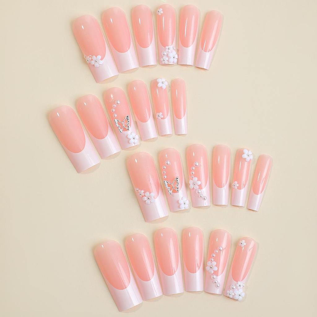Butterfly Flower Armor Water Pipe Faux Nails Set with Removable Elongated Rectangle Nail Patches