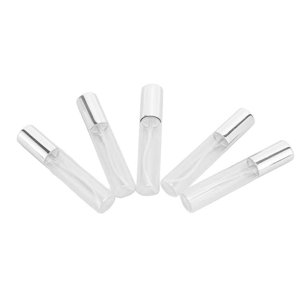 5 Stück Parfümflaschen aus Klarglas mit silberner Düse, 10 ml, Zylinderform, nachfüllbar, leere Parfümflasche
