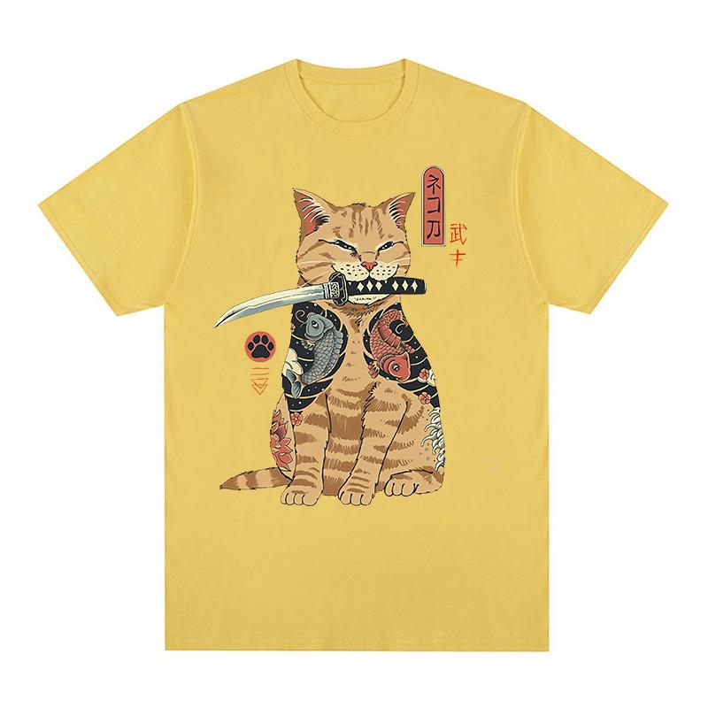 Funny Cotton Japanese Samurai Cat T Shirt Lover T Shirts Cat T-Shirts Retro Casual Short Sleeve Tshirt Unisex Women Clothes