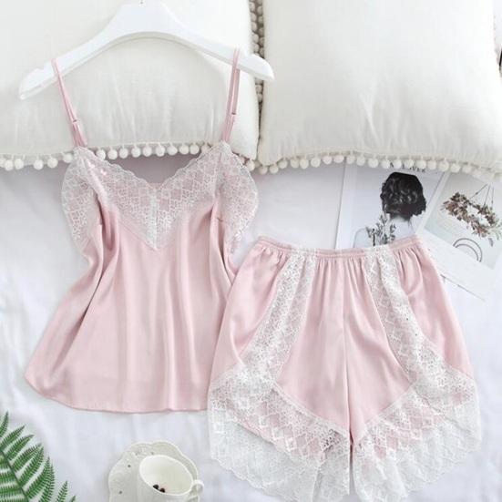 Lace Trim Pajama Set for Women 2 Piece V Neck Sleeveless Cami Tank Top And Shorts Pjs Set Summer Sexy Lounge Sleepwear