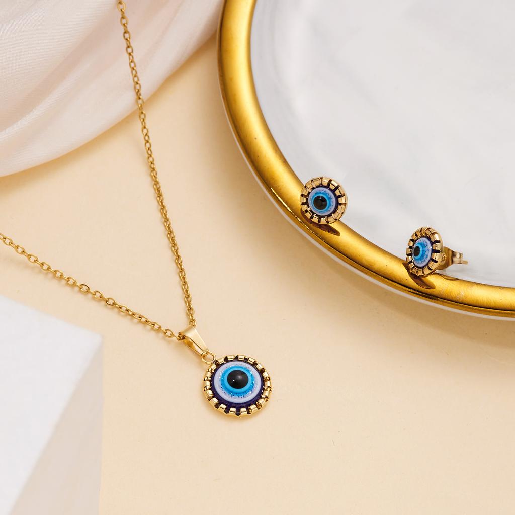 Turkish Blue Evil Eyes Pendant Necklaces Stud Earrings Jewelry Set For Women Retro Simple Lucky Evil Eye Choker Wedding Jewelry