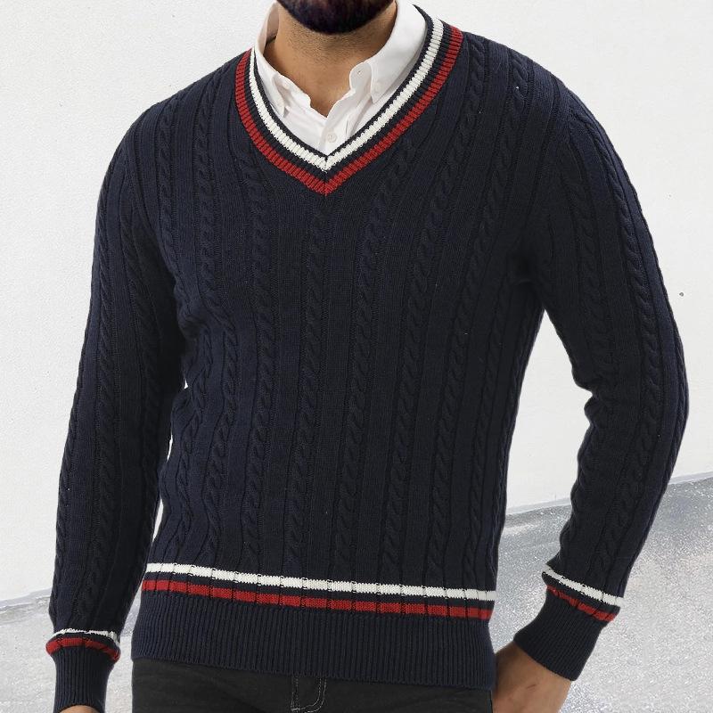 Men's Slim-Fit V-Neck Color-Block Pullover Knitted Sweater - Autumn/Winter Street Style