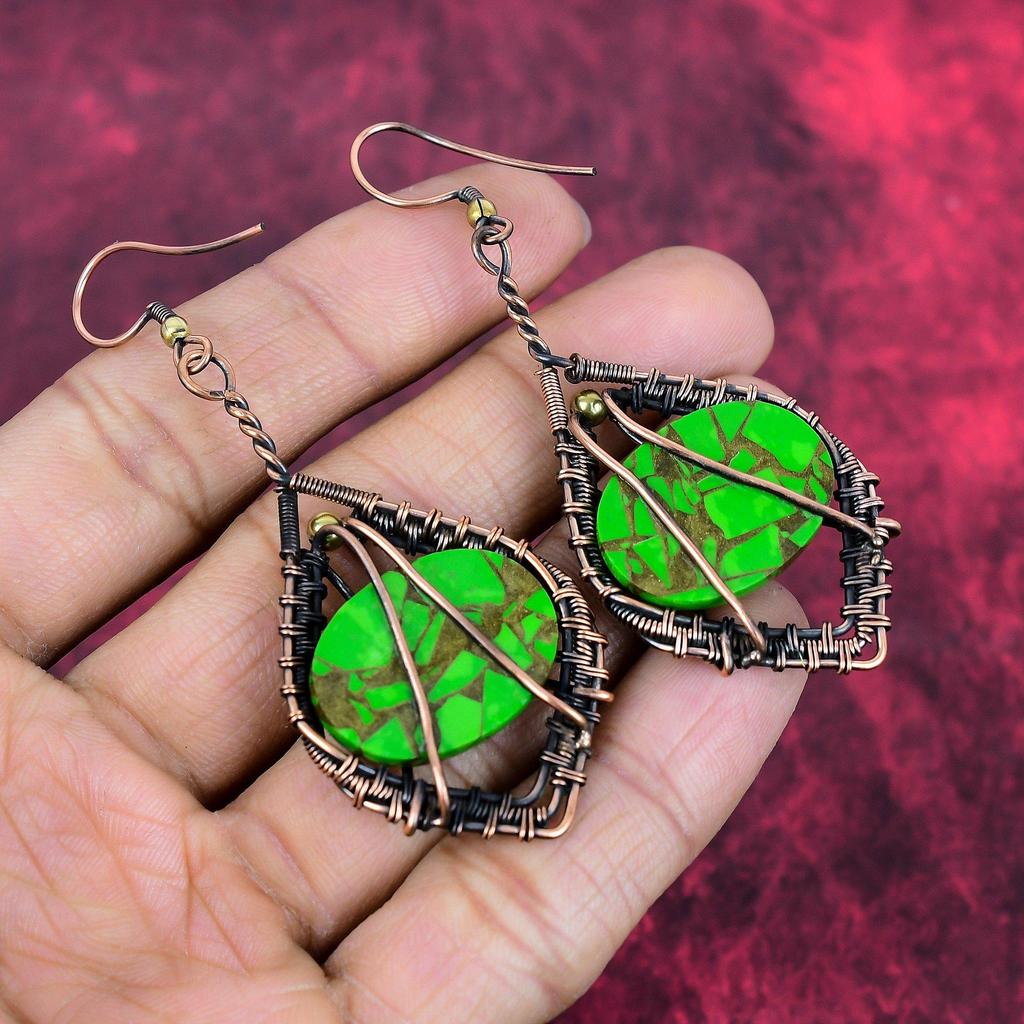 Brinco turquesa verde cobre brincos enrolados em fio de cobre joias de cobre feitas à mão brinco de pedra natural joias wrap de arame presentes para ela
