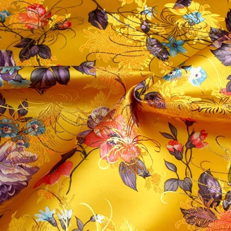 100x70cm Brocade Jacquard Silk Fabric DIY Ancient Costume Hanfu Tang Costume and Cheongsam Is Golden Thread Peony