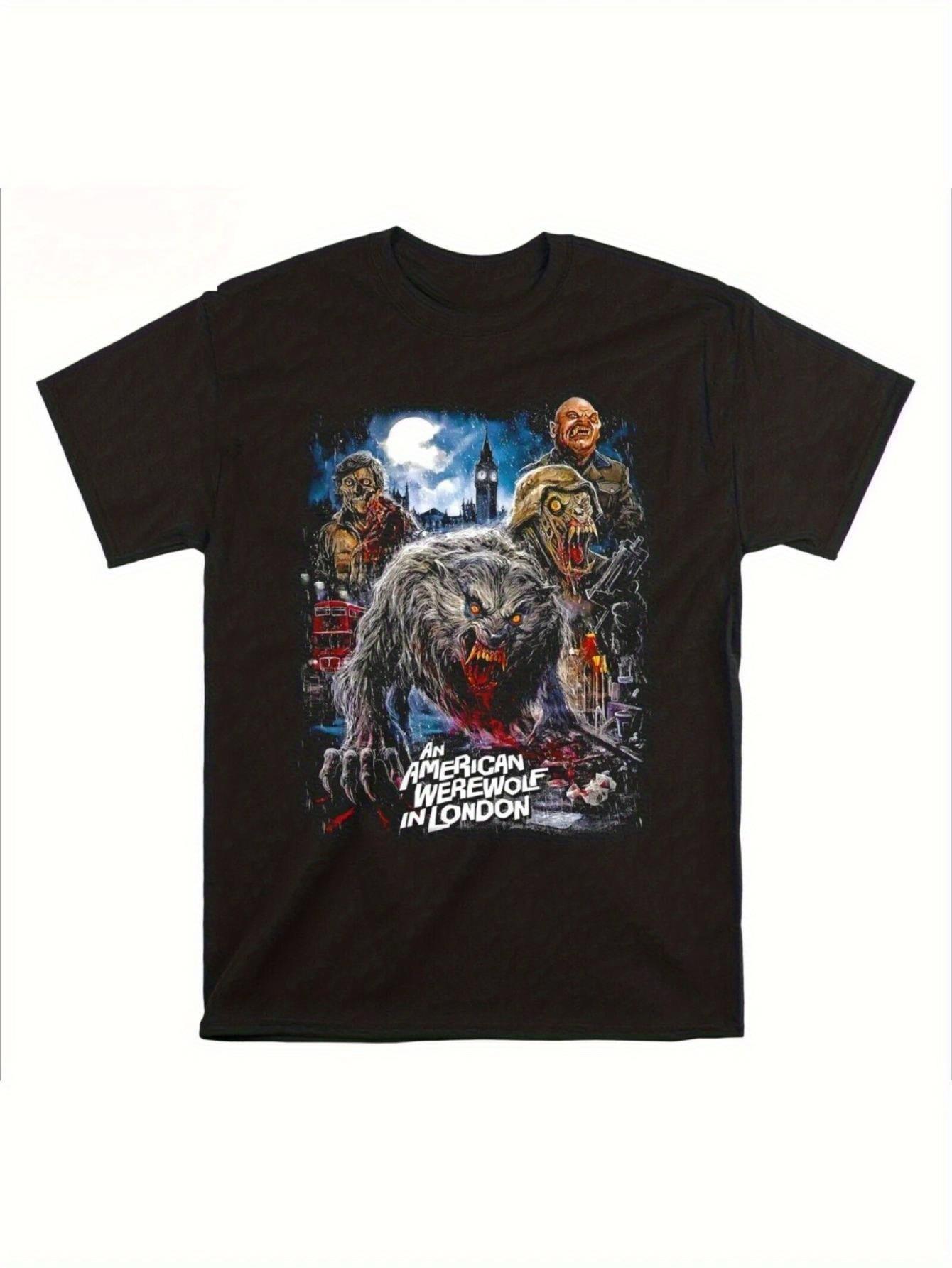 UNISEXs Black Horror Movie Pattern TShirt London American Werewolf Design Short Sleeve Crew Neck Lightweight Elastic Fabric S