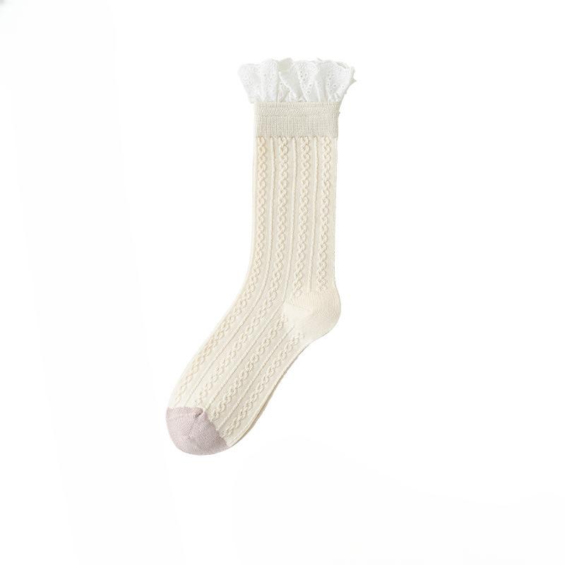 Female Autumn and Winter Striped Bow Lace Lace College Style Breathable Sweat Absorbing Tube Cotton Socks
