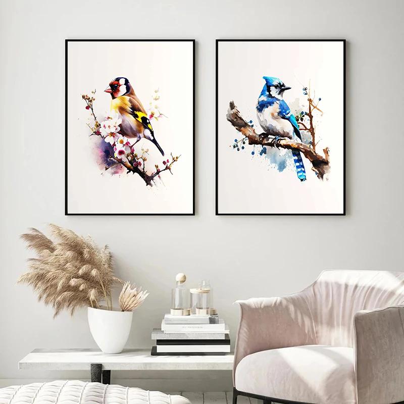 Vögel auf Ästen Aquarellposter Stieglitz Kolibri Krähe Tukan Leinwandgemälde Wandkunst Bild Heimdekor