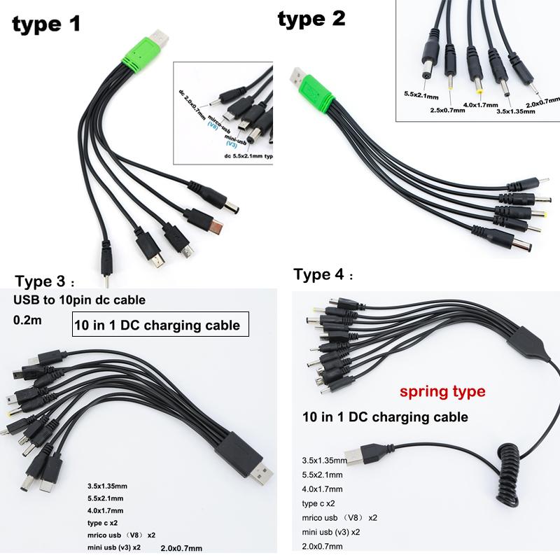 1 USB male to 5 way 10 way type c DC 5.5x2.1mm 2.0x0.7mm male 5P V3 V8 mirco usb male power charging spring cable 10 in1 charger
