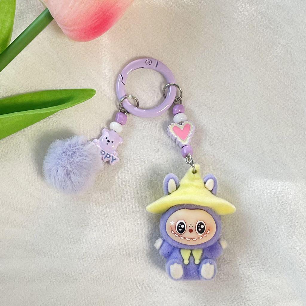 Flocking Labubu Doll Keychain - Cute 3-Year-Old Grain Doll DIY Mobile Phone Jewelry Accessory