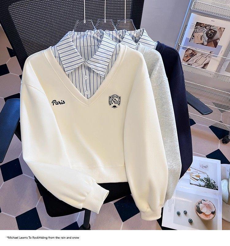 Plus Size Two-Piece Patchwork Polo Neck Sweatshirt - Women's Loose Slimming College Style for Spring & Autumn