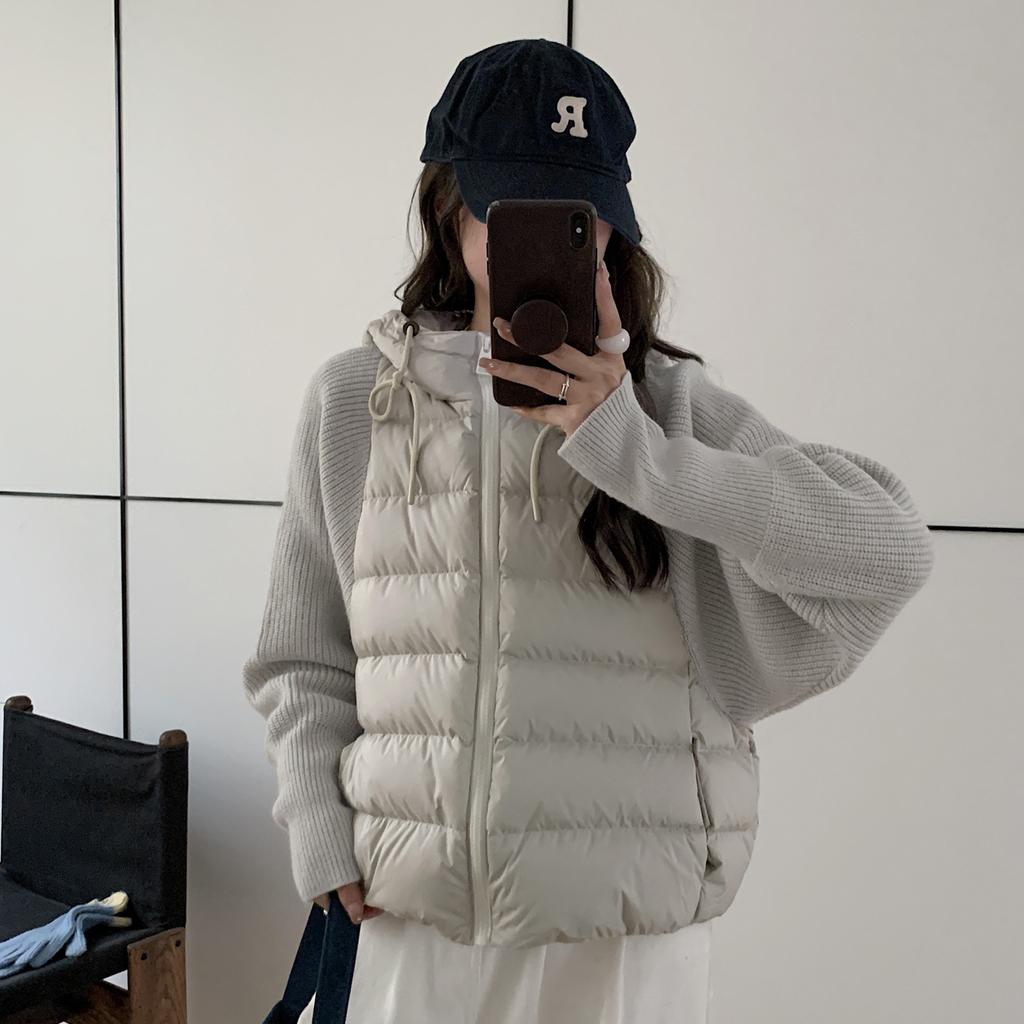 Women's Winter Hooded Down Jacket Knit Sleeves Cropped Coat