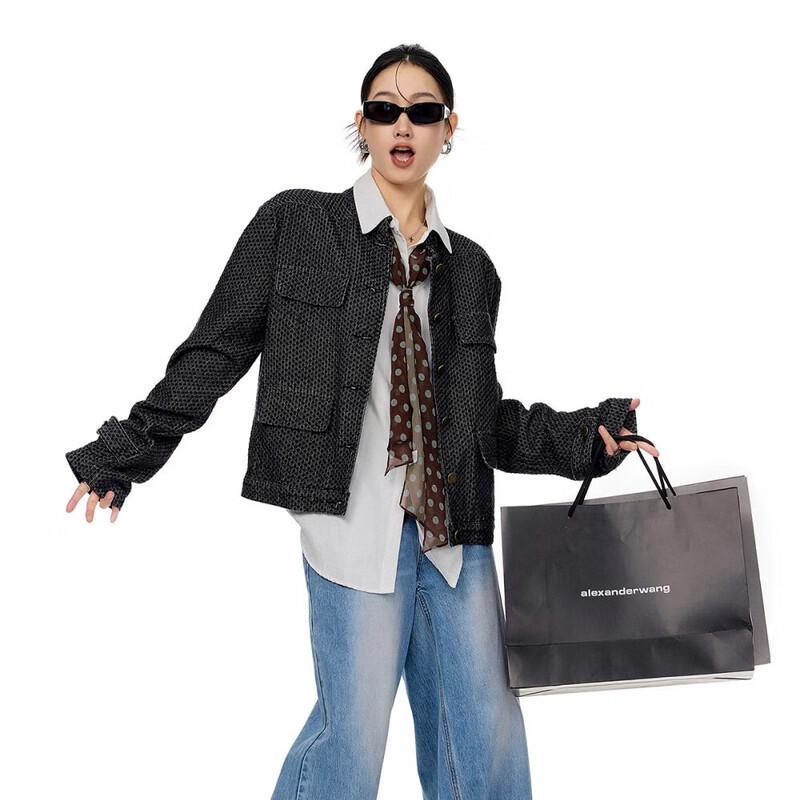 ICH MODE Women's American Style Textured Denim Cardigan Jacket