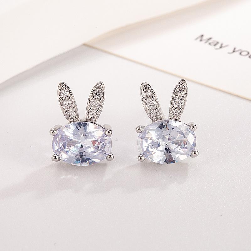 

925 Sterling Silver Jewelry Luxury Cute Crystal Rabbit Stud Earrings for Women Wedding Party Jewelry for Girls Friend Gift серебряный