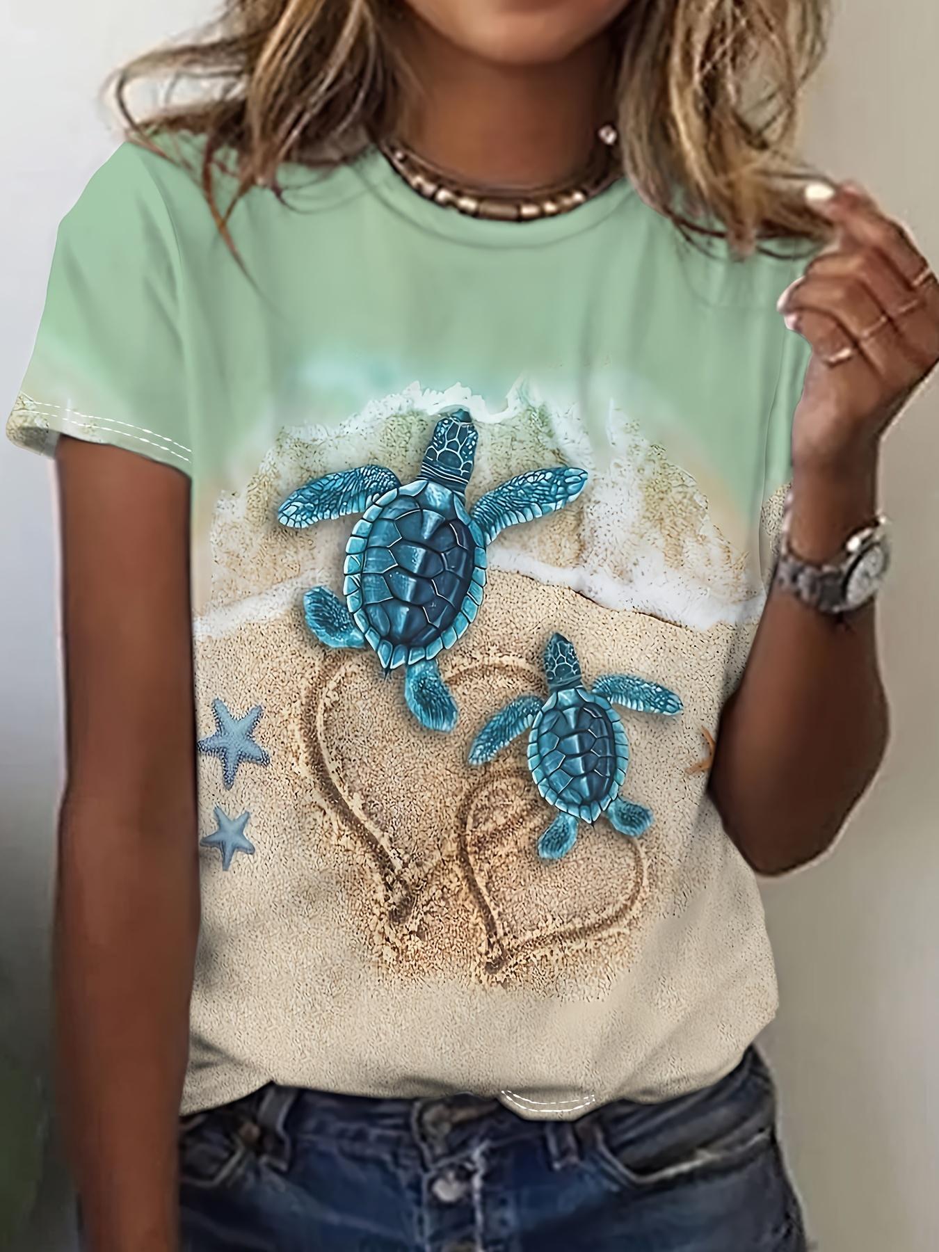 Женская футболка Mint Beach Turtle - Пара синих черепах и рисунок сердца с песком, Дизайн с принтом для прибрежного отпуска, Повседневная одежда S