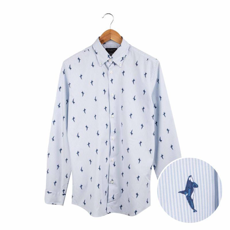 

Узкая мужская рубашка в полоску с принтом из органического хлопка стрейч SELECTED