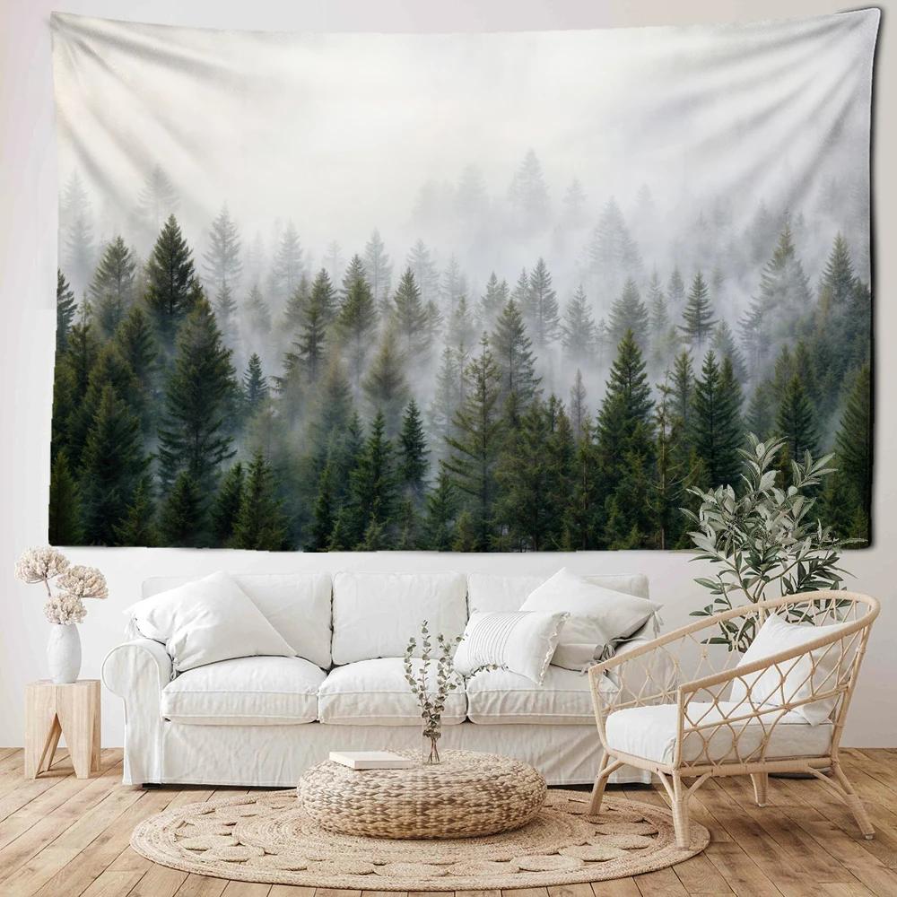 White Background Misty Pine Forest Tapestry Wall Hanging Simple Modern Art Landscape Dormitory Living Room Home Decor
