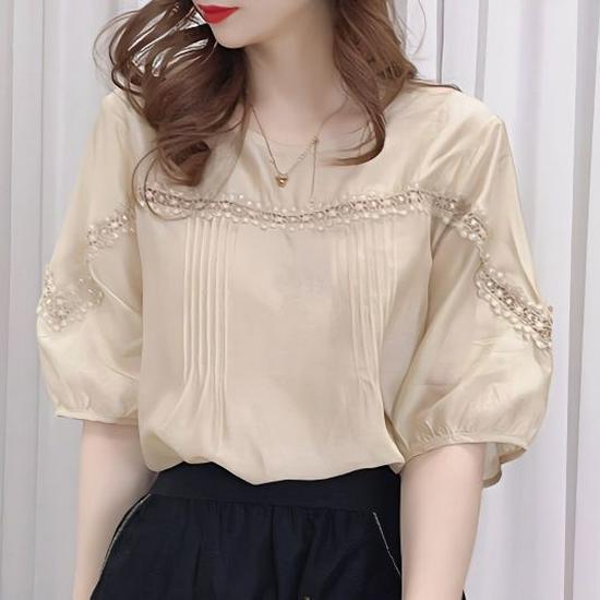 

2024 Retro Lace Splicing Casual Short Sleeve Women s French Top Medium абрикосовый