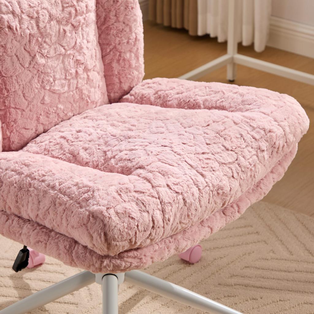 W26.4 Inch Wider Seat Office Chair,Artificial Rabbit Hair Home Chair with Metal Base,Adjustable Desk Swivel Chair,Vanity Chair(Pink) ,DE1875PK