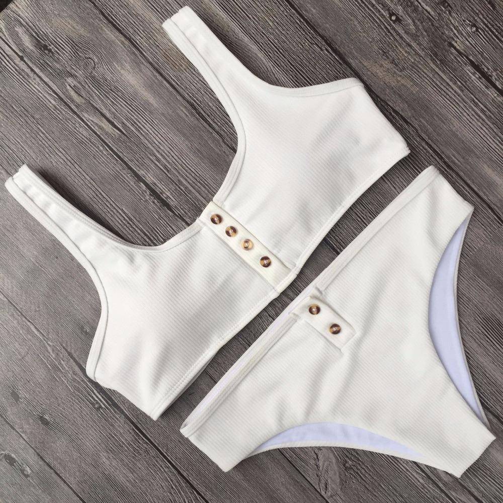 Nervürlü bikini seti Katı Kadın Mayolar Takım Elbise Düğmesi Push Up Mayo Kadın Bölünmüş Mayo Biquinis Beachwear