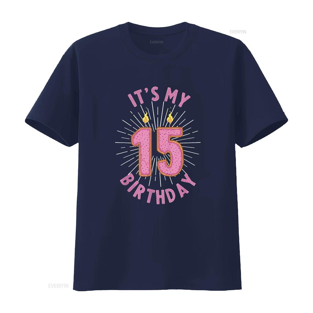 Womens 15 Year Old Girls 15Th Birthday Funny Donut Anniversary T Shirt Black 2XL vintage Washed Breathable Slightly fashion