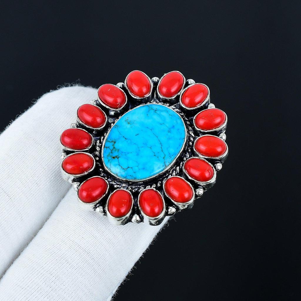 Türkis und Rote Koralle Edelsteinring, 925 Sterlingsilber Ring, Geschenk für Sie, Ovaler Stein, Eleganter Handgefertigter Ring, Türkis Blume Silber Ring Geschenke