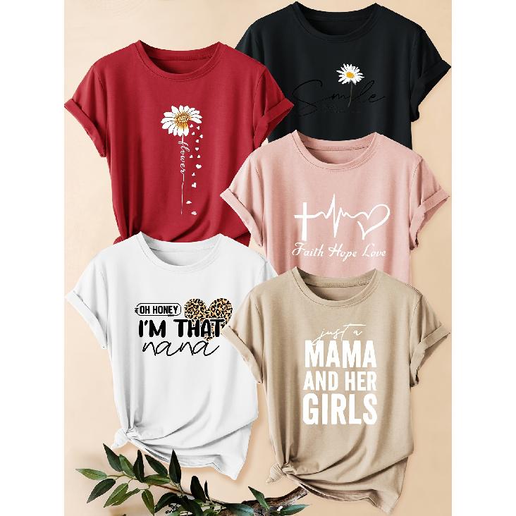 Five-piece set of women's letter and heart print short-sleeve shirts Leopard print heart and white chrysanthemum print round neck summer dress T