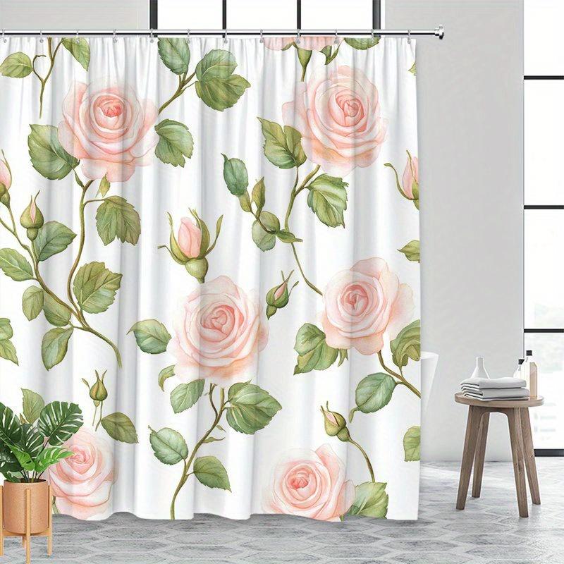 1pc Romantic Pink Roses and Green Leaves Shower Curtain - Exquisite Floral Pattern, Machine Washable Polyester Fabric