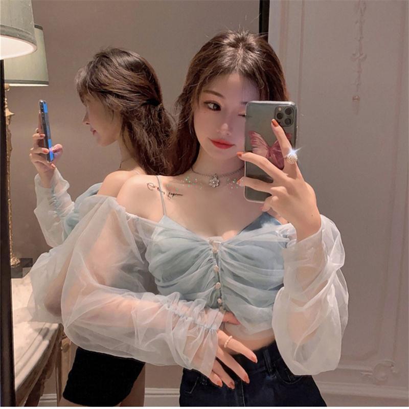 Nový sexy temperamentní dvoudílný oblek Dámská jarní a letní móda Síťovaná perspektiva Košile na opalování s výstřihem do V Modrá smyčka