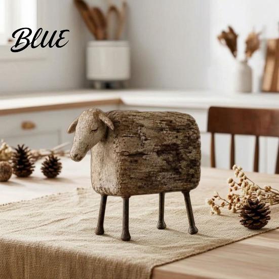 Modern Rustic Home Decor Distressed Imitation Wood Grain Sheep Figurine Resin Farmhouse Animal Statue for Shelf Tabletop Decor Retro Country