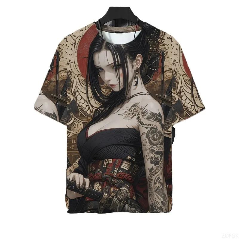 Japanese Samurai Girl Tattoo T-shirt 3D Beautiful Printed T-shirt for Men and Women Harajuku Short Sleeved Top
