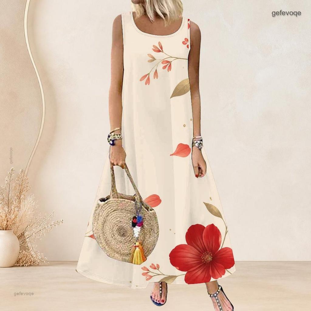 Women Plus Size Scoop Neck Sleeveless Floral Butterfly Printed White A Line Long Dress