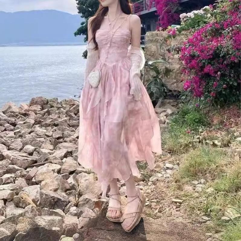 French First Love Sakura Pink Spaghetti Strap Dress for Women, Summer Blended Floral Irregular Hem Vacation Long Dress