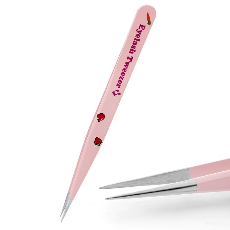 Pink Strawberry Tweezers False Eyelashes Grafting Tweezers High Precision Stainless Steel Eyelash Tweezers Color Hand Account Tweezers