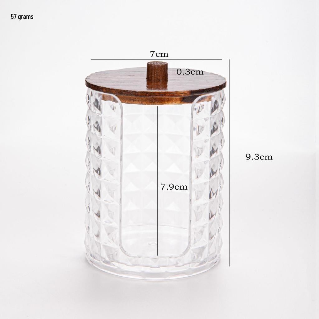 Suport transparent pentru bețișoare de bumbac cu model de diamant - capac din bambus, cutie rotundă portabilă pentru depozitarea cosmeticelor