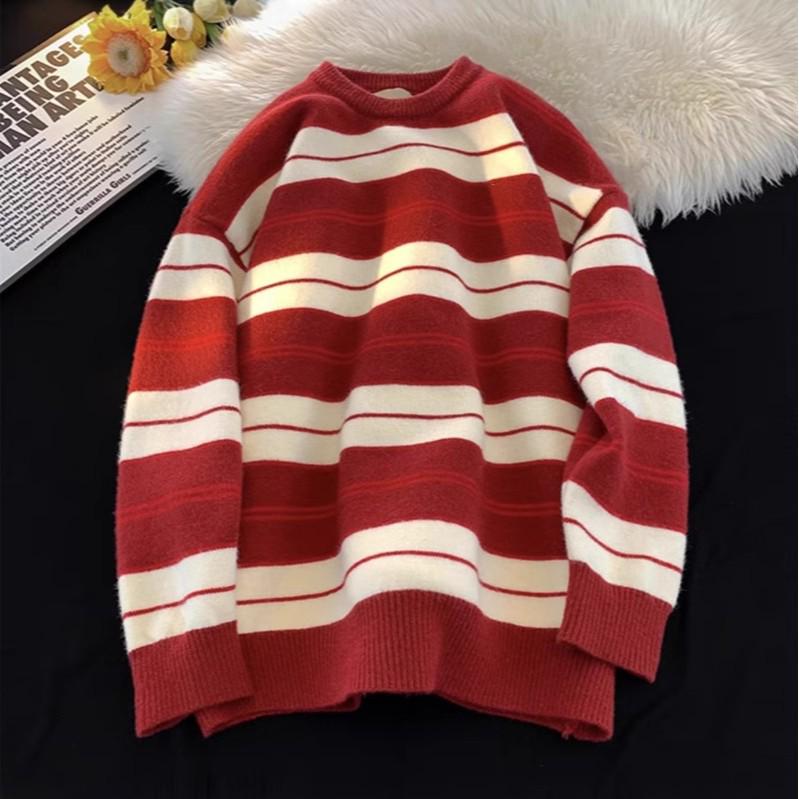 

Полосатый свитер свободного кроя в художественном стиле - Американский уличный стиль, Круглый вырез, Длинный рукав XXL красный