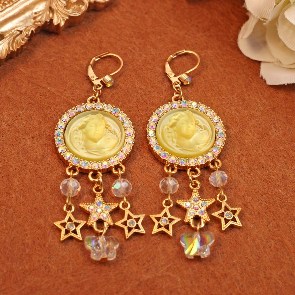 [Pair of Angelic Earrings] Vintage-Inspired Angelic Earrings with Sparkling Rhinestones, Star & Heart Charms - Zinc Alloy, Perfect for Women's Date Ni