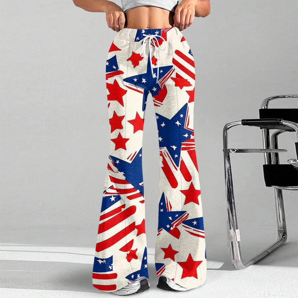 Women's Fashion Loose Drawstring Tight Waist Independence Day Printed Casual Sports Pants Casual Flared Pants