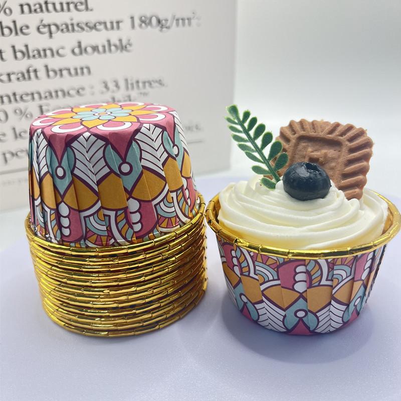 100pcs Bohemian Pattern Middle East Single Sided Gold Muffin Cups Rolled Mouth High Temperature Resistant Thickened Cake Cups