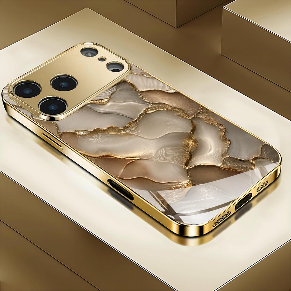 Texture Phone Case Gold Electroplated Tempered Glass For iPhone 16 15 14 13 12 Pro Max Shockproof Silicone Hard Back Cover