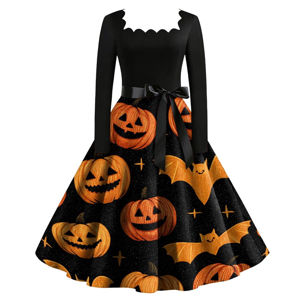 Vintage Long Sleeve Square Neck Halloween Party Dress with Printed Skirt and Waist Tie Retro Style Midi Dress for Women