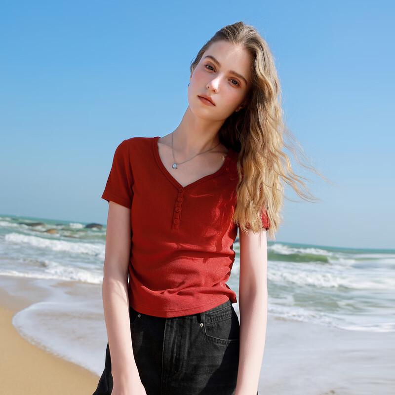 Sancai Women's V-Neck Slim Fit Short Sleeve T-Shirt